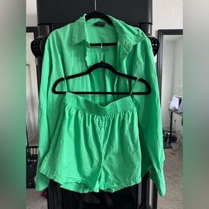 White Fox Boutique Green Button-Up Shirt and Shorts Set